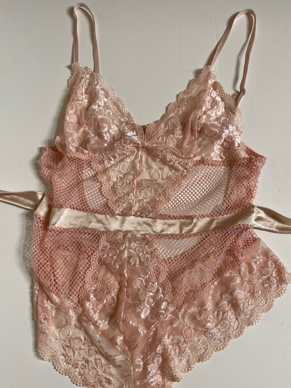 Blush Pink Lace Mesh Teddy Bodysuit / Satin Bow Tie in the back Lingerie / Large